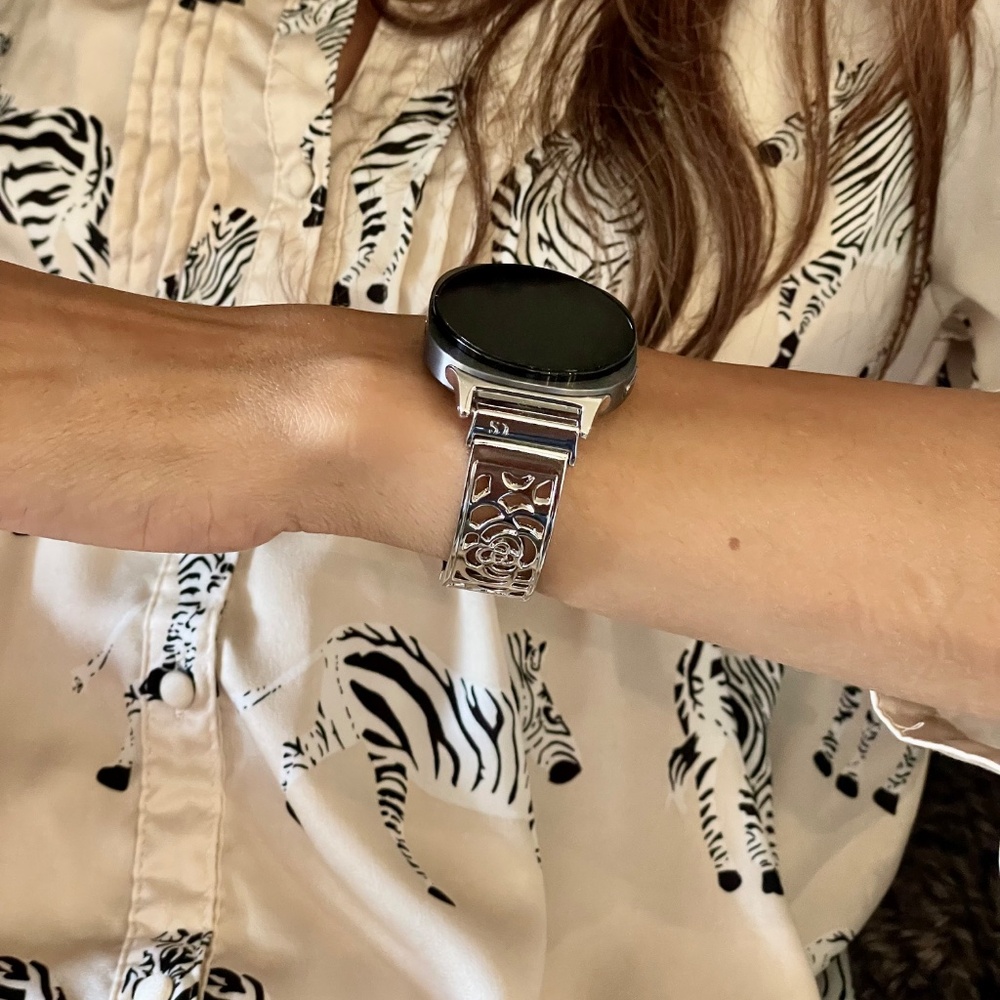 Silver Floral Stainless Steel Smartwatch Band - Fits Round Smartwatches - Picture 8 of 9